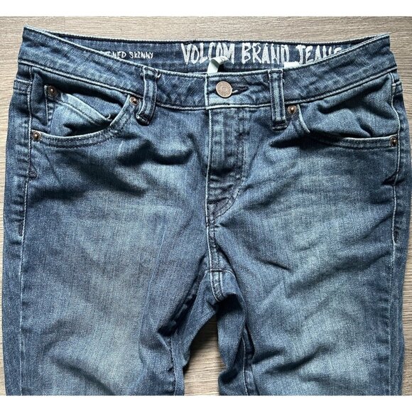 Volcom Women’s Denim Jeans Skinny Super Stoned Blue Dark Mid Rise Size 8 / 28x30 - Picture 2 of 10